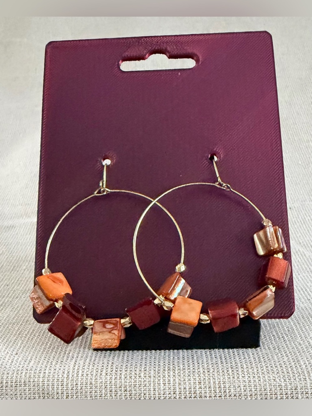 Gold Hoop Earrings with Orange and Brown Beads